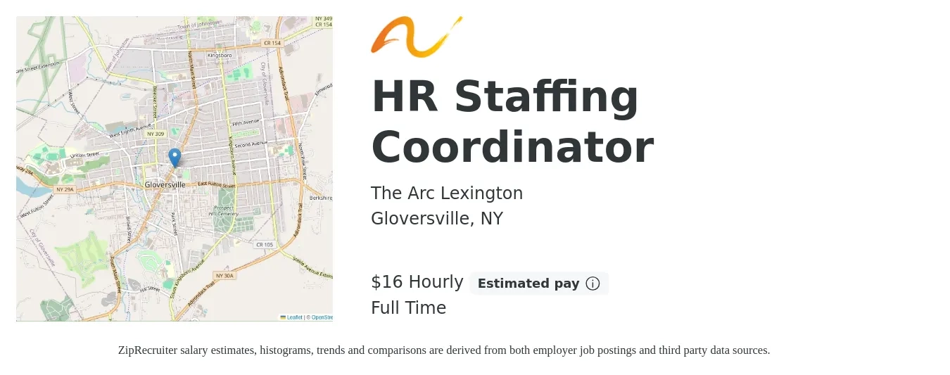 The Arc Lexington job posting for a HR Staffing Coordinator in Gloversville, NY with a salary of $17 Hourly with a map of Gloversville location.