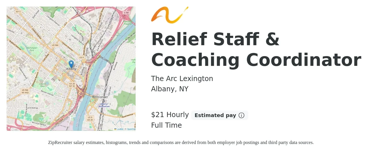 The Arc Lexington job posting for a Relief Staff & Coaching Coordinator in Albany, NY with a salary of $22 Hourly with a map of Albany location.