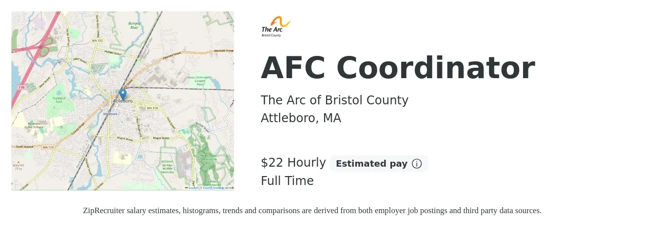 The Arc of Bristol County job posting for a AFC Coordinator in Attleboro, MA with a salary of $23 Hourly with a map of Attleboro location.
