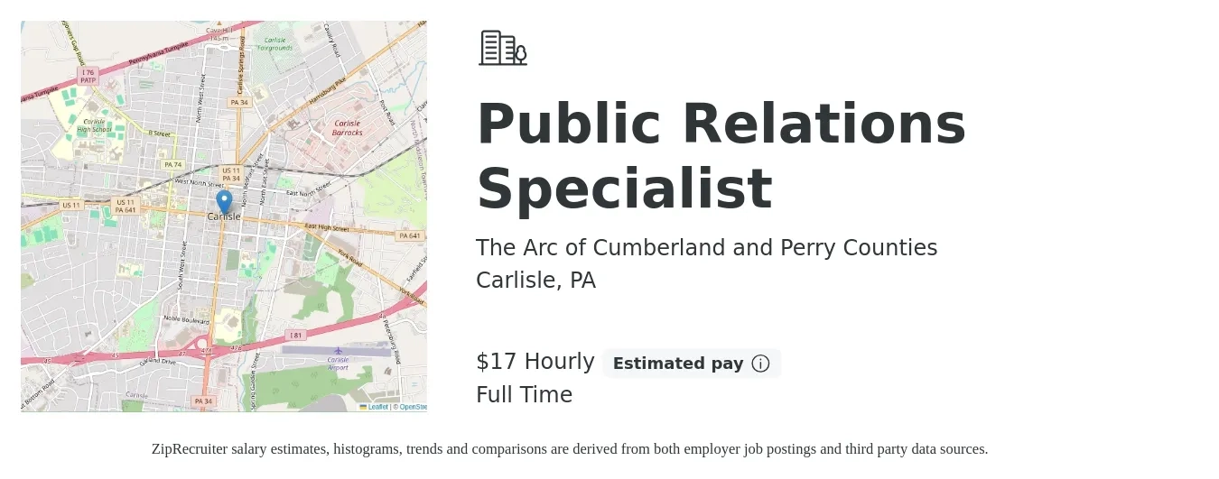The Arc of Cumberland and Perry Counties job posting for a Public Relations Specialist in Carlisle, PA with a salary of $18 Hourly with a map of Carlisle location.