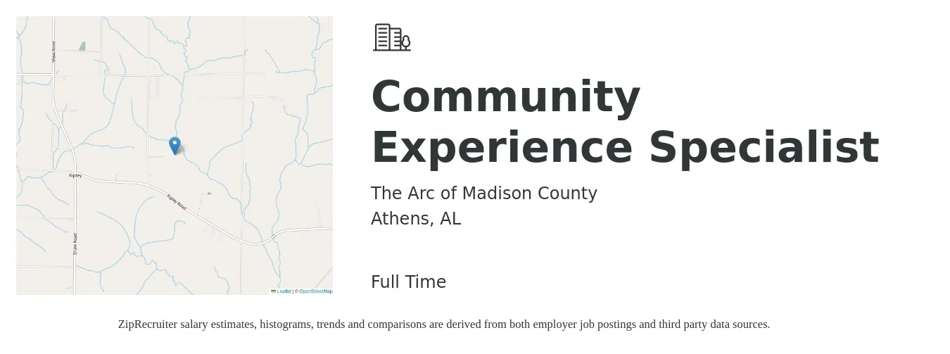 The Arc of Madison County job posting for a Community Experience Specialist in Athens, AL with a salary of $15 to $24 Hourly with a map of Athens location.