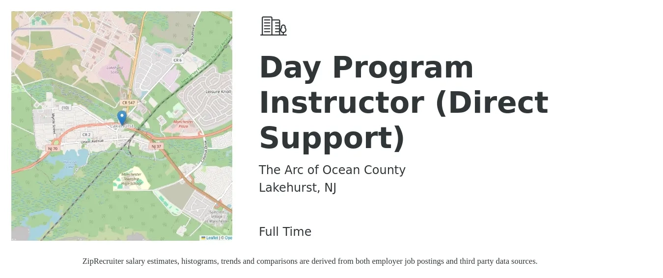 The Arc of Ocean County job posting for a Day Program Instructor (Direct Support) in Lakehurst, NJ with a salary of $19 Hourly with a map of Lakehurst location.