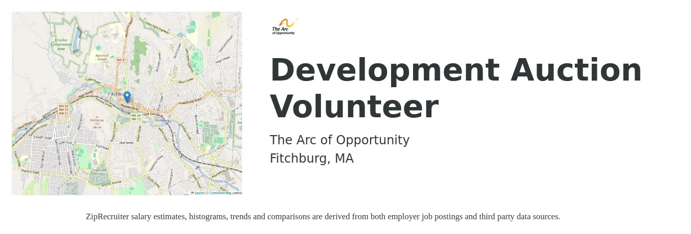 The Arc of Opportunity job posting for a Development Auction Volunteer in Fitchburg, MA with a salary of $23 to $41 Hourly with a map of Fitchburg location.