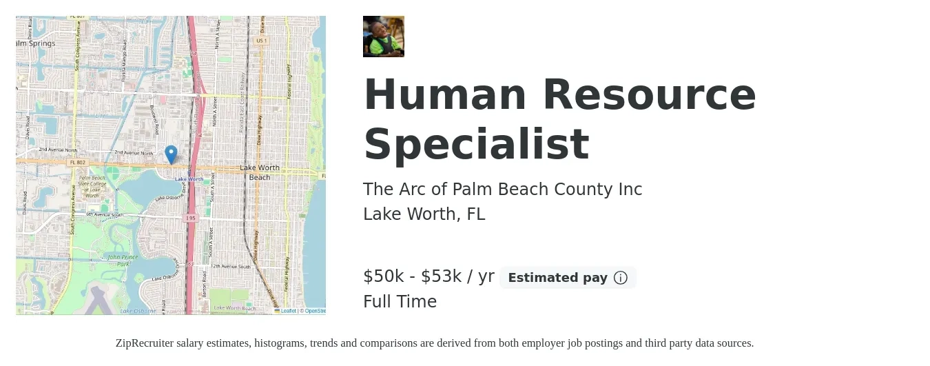 The Arc of Palm Beach County Inc job posting for a Human Resource Specialist in Lake Worth, FL with a salary of $50,000 to $53,000 Yearly with a map of Lake Worth location.