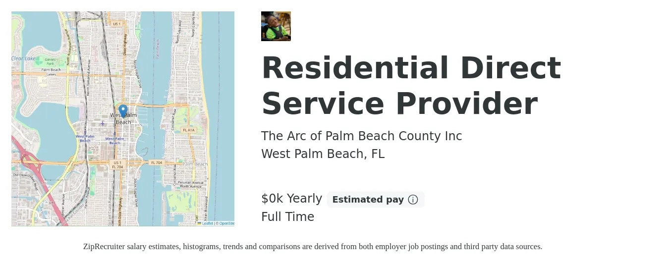 The Arc of Palm Beach County Inc job posting for a Residential Direct Service Provider in West Palm Beach, FL with a salary of $16 Yearly with a map of West Palm Beach location.