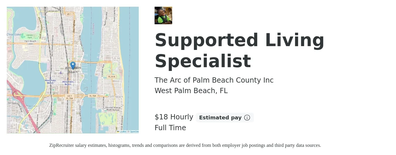 The Arc of Palm Beach County Inc job posting for a Supported Living Specialist in West Palm Beach, FL with a salary of $19 Hourly with a map of West Palm Beach location.