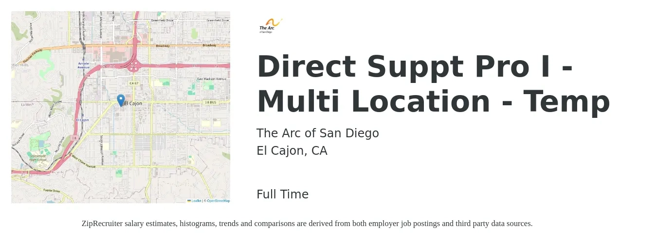 The Arc of San Diego job posting for a Direct Suppt Pro I - Multi Location - Temp in El Cajon, CA with a salary of $16 to $18 Hourly with a map of El Cajon location.