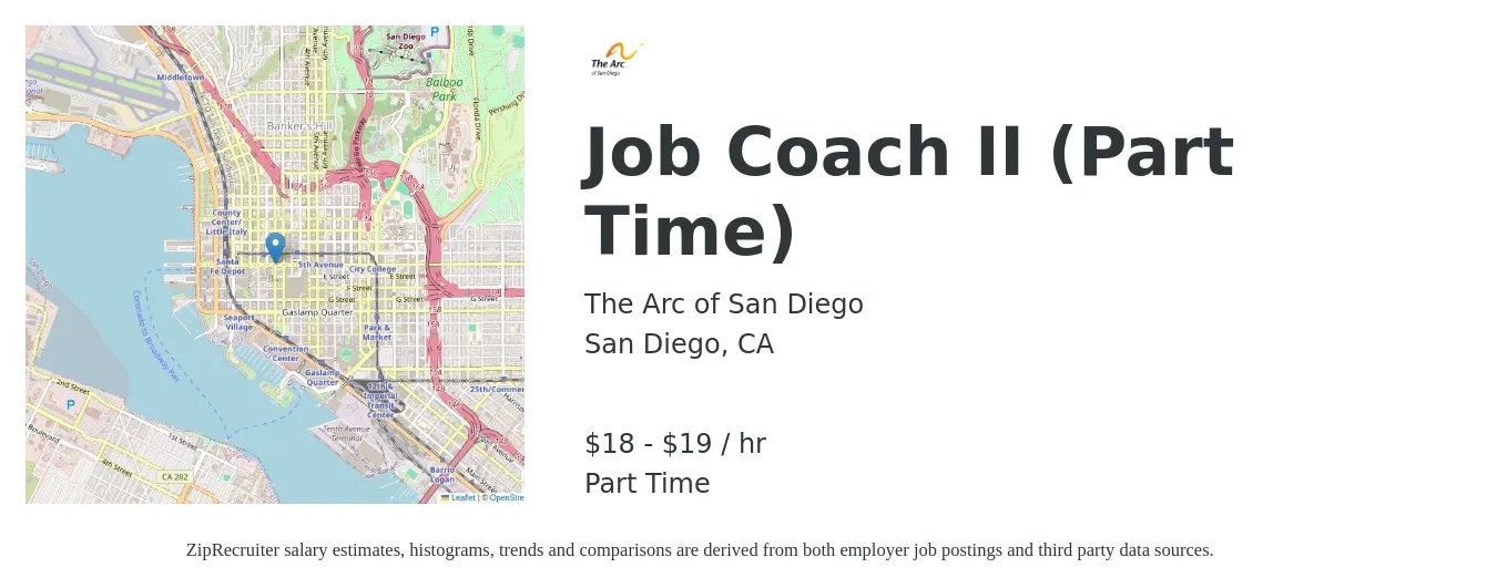 The Arc of San Diego job posting for a Job Coach II (Part Time) in San Diego, CA with a salary of $20 Hourly with a map of San Diego location.