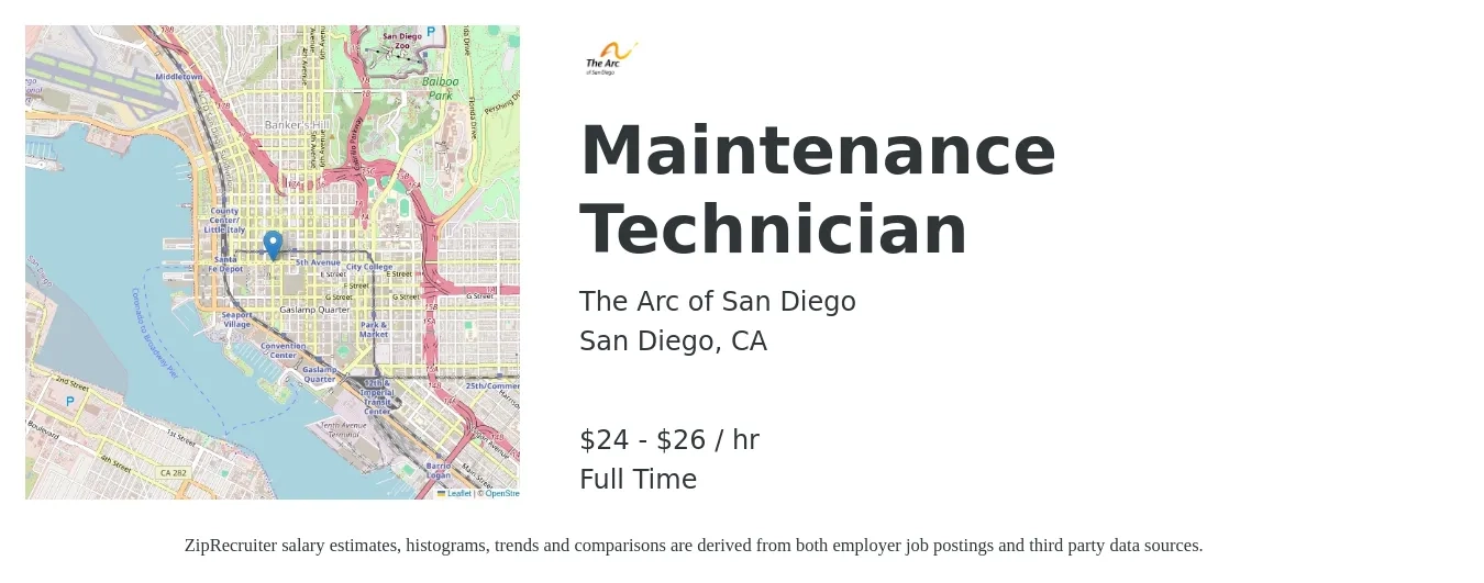 The Arc of San Diego job posting for a Maintenance Technician in San Diego, CA with a salary of $25 to $28 Hourly with a map of San Diego location.
