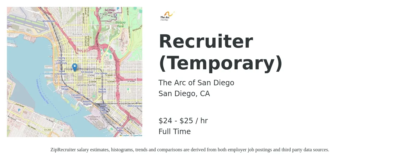 The Arc of San Diego job posting for a Recruiter (Temporary) in San Diego, CA with a salary of $25 to $27 Hourly with a map of San Diego location.