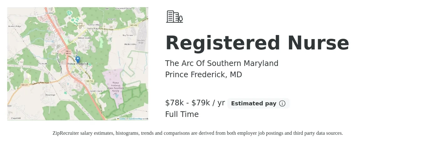The Arc Of Southern Maryland job posting for a Registered Nurse in Prince Frederick, MD with a salary of $78,000 to $79,000 Yearly with a map of Prince Frederick location.
