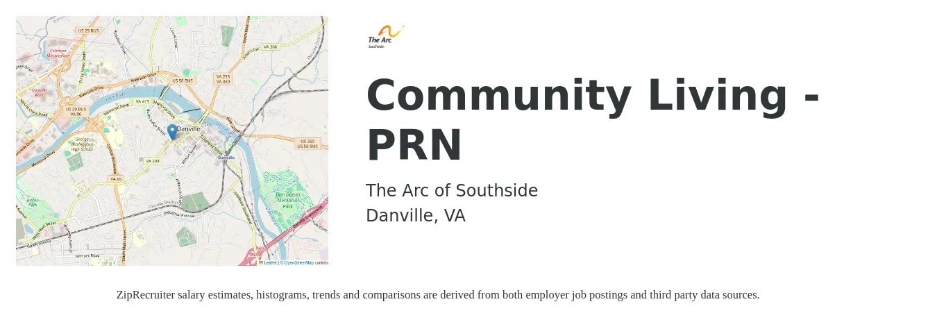 The Arc of Southside job posting for a Community Living - PRN in Danville, VA with a salary of $14 to $18 Hourly with a map of Danville location.