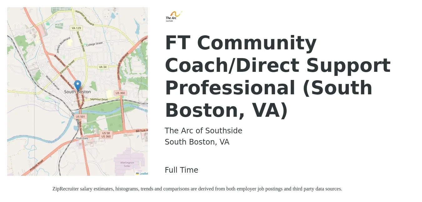 The Arc of Southside job posting for a FT Community Coach/Direct Support Professional (South Boston, VA) in South Boston, VA with a salary of $14 to $19 Hourly with a map of South Boston location.