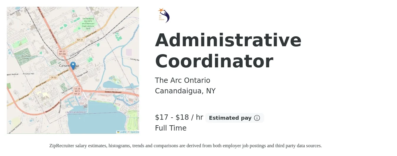 The Arc Ontario job posting for a Administrative Coordinator in Canandaigua, NY with a salary of $18 to $19 Hourly with a map of Canandaigua location.