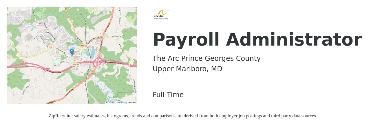 The Arc Prince Georges County job posting for a Payroll Administrator in Upper Marlboro, MD with a salary of $24 to $33 Hourly with a map of Upper Marlboro location.