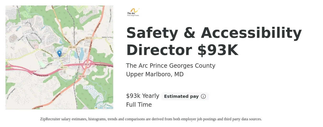 The Arc Prince Georges County job posting for a Safety & Accessibility Director $93K in Upper Marlboro, MD with a salary of $93,000 Yearly with a map of Upper Marlboro location.