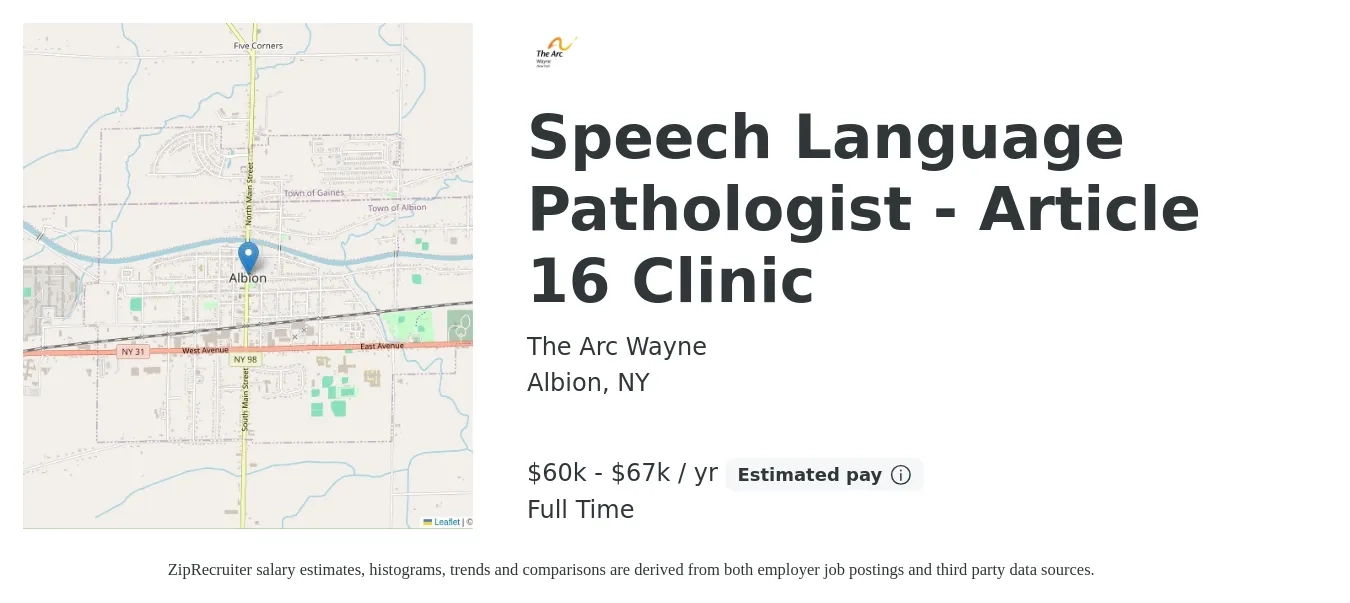 The Arc Wayne job posting for a Speech Language Pathologist - Article 16 Clinic in Albion, NY with a salary of $60,798 to $67,038 Yearly with a map of Albion location.