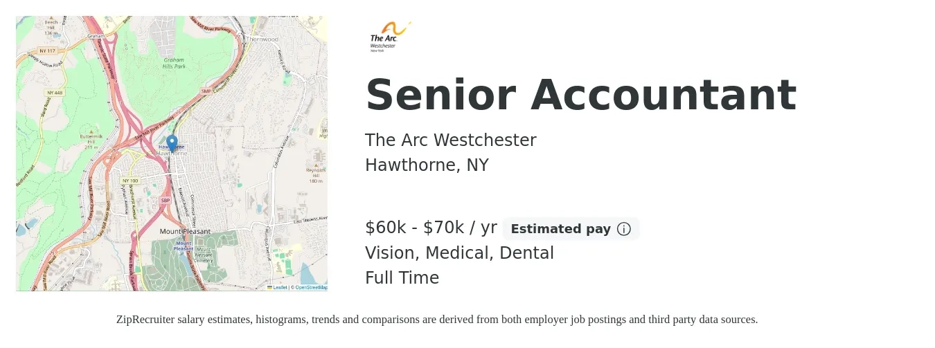 The Arc Westchester job posting for a Senior Accountant in Hawthorne, NY with a salary of $60,000 to $70,000 Yearly and benefits including dental, life_insurance, medical, and vision with a map of Hawthorne location.