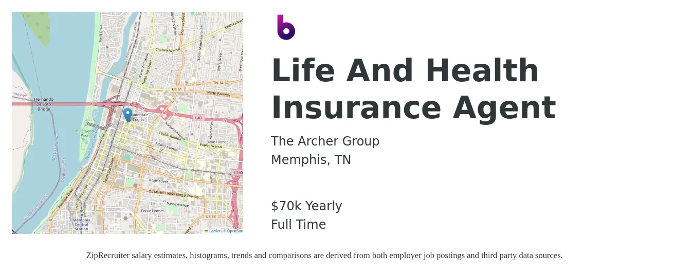 The Archer Group job posting for a Life And Health Insurance Agent in Memphis, TN with a salary of $70,000 Yearly with a map of Memphis location.