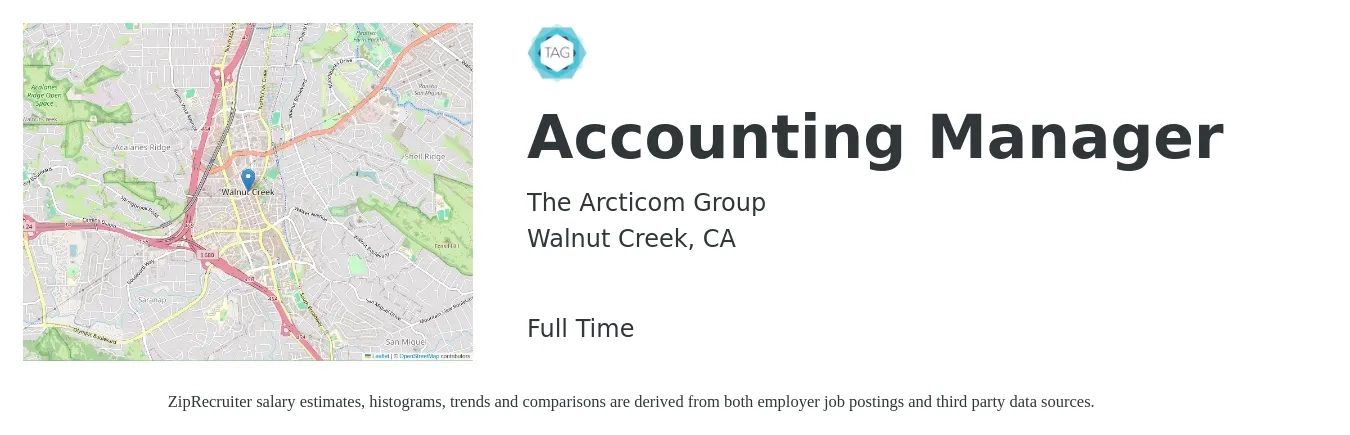 The Arcticom Group job posting for a Accounting Manager in Walnut Creek, CA with a salary of $86,400 to $124,000 Yearly with a map of Walnut Creek location.