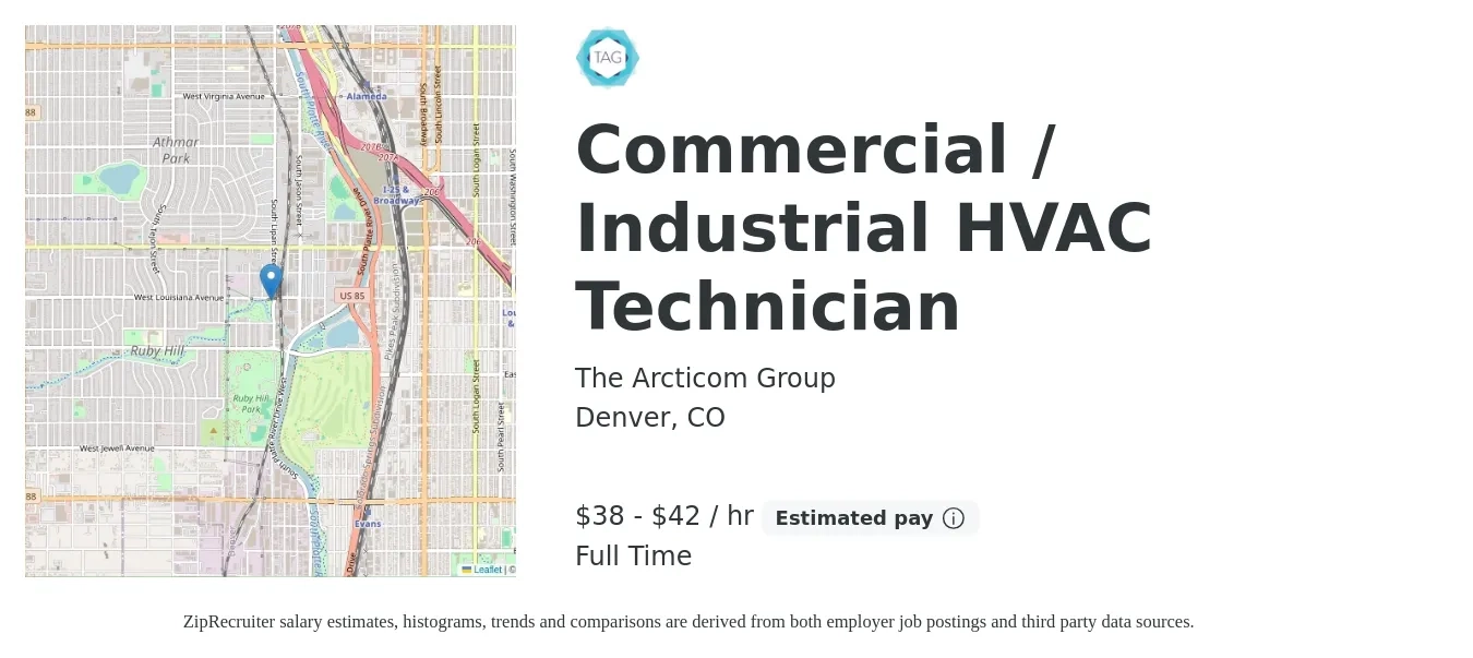 The Arcticom Group job posting for a Commercial / Industrial HVAC Technician in Denver, CO with a salary of $40 to $44 Hourly with a map of Denver location.