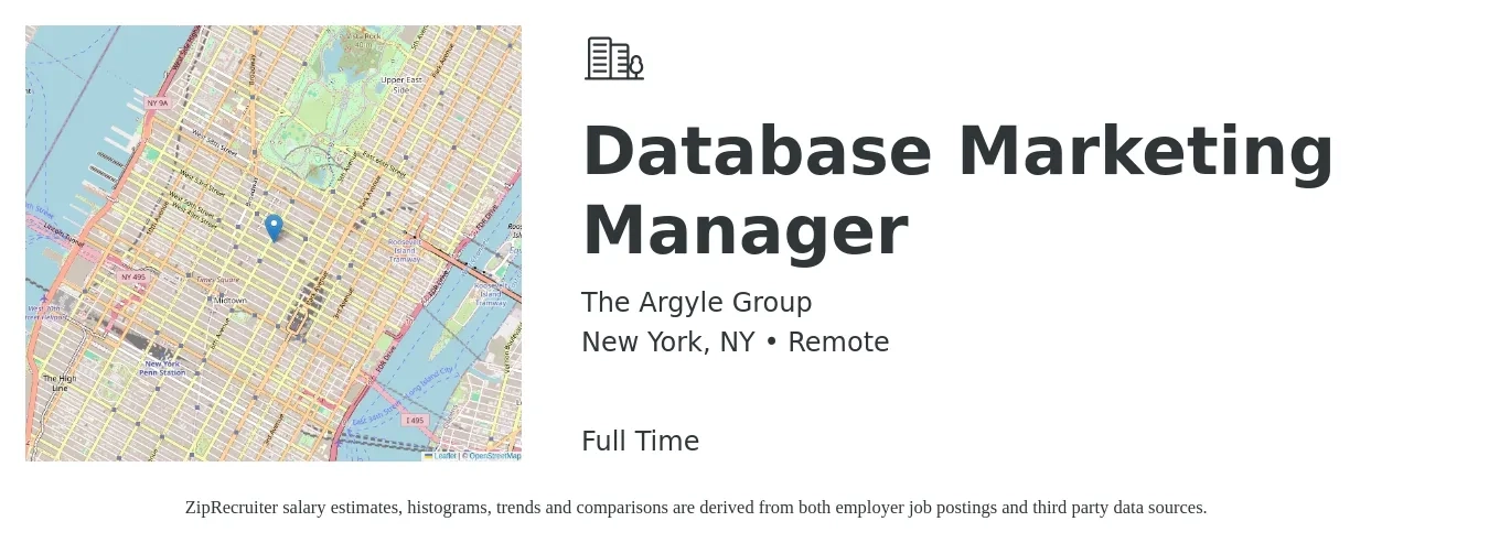 The Argyle Group job posting for a Database Marketing Manager in New York, NY with a salary of $84,200 to $98,500 Yearly with a map of New York location.