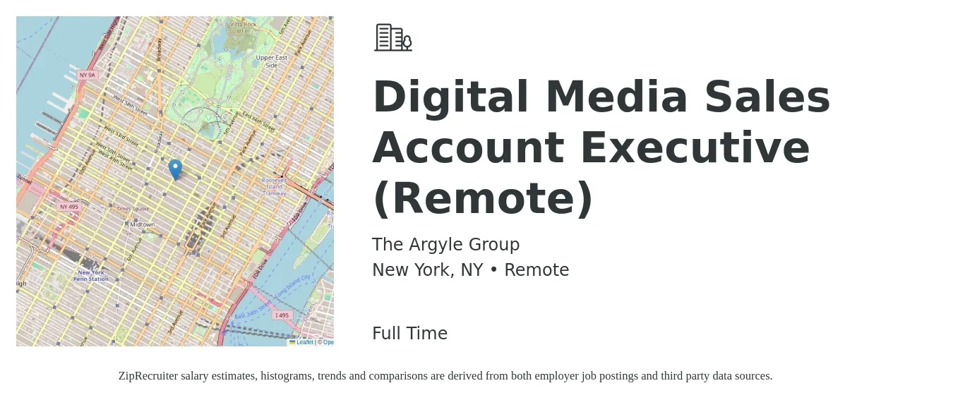 The Argyle Group job posting for a Digital Media Sales Account Executive (Remote) in New York, NY with a salary of $59,100 to $103,900 Yearly with a map of New York location.