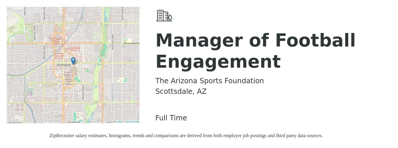 The Arizona Sports Foundation job posting for a Manager of Football Engagement in Scottsdale, AZ with a salary of $54,300 to $94,600 Yearly with a map of Scottsdale location.