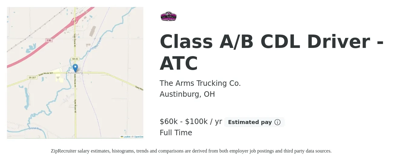 The Arms Trucking Co. job posting for a Class A/B CDL Driver - ATC in Austinburg, OH with a salary of $60,000 to $100,000 Yearly with a map of Austinburg location.