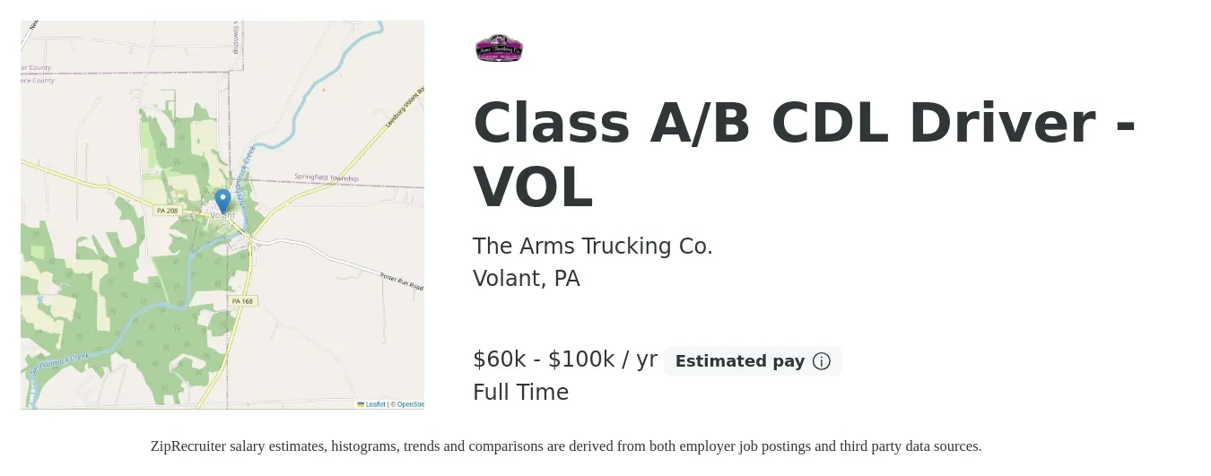 The Arms Trucking Co. job posting for a Class A/B CDL Driver - VOL in Volant, PA with a salary of $60,000 to $100,000 Yearly with a map of Volant location.