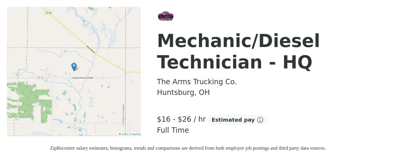 The Arms Trucking Co. job posting for a Mechanic/Diesel Technician - HQ in Huntsburg, OH with a salary of $17 to $28 Hourly with a map of Huntsburg location.