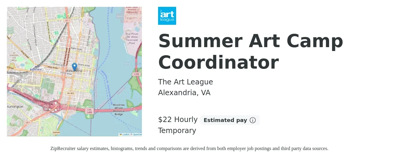 The Art League job posting for a Summer Art Camp Coordinator in Alexandria, VA with a salary of $23 Hourly with a map of Alexandria location.