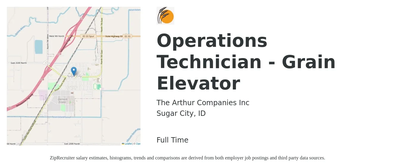 The Arthur Companies job posting for a Operations Technician - Grain Elevator in Sugar City, ID with a salary of $17 to $24 Hourly with a map of Sugar City location.