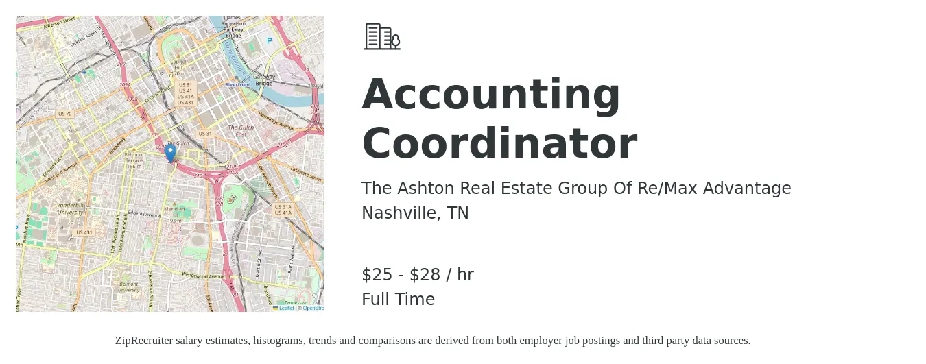 The Ashton Real Estate Group Of Re/Max Advantage job posting for a Accounting Coordinator in Nashville, TN with a salary of $26 to $30 Hourly with a map of Nashville location.