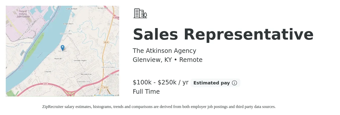 The Atkinson Agency job posting for a Sales Representative in Glenview, KY with a salary of $100,000 to $250,000 Yearly with a map of Glenview location.