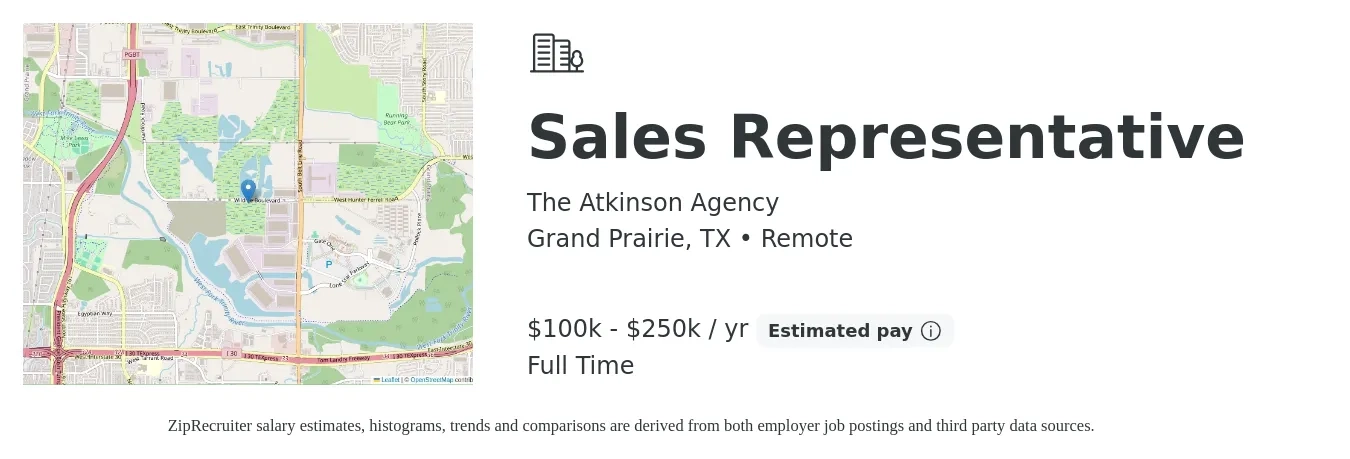 The Atkinson Agency job posting for a Sales Representative in Grand Prairie, TX with a salary of $100,000 to $250,000 Yearly with a map of Grand Prairie location.