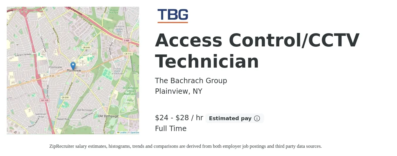 The Bachrach Group job posting for a Access Control/CCTV Technician in Plainview, NY with a salary of $25 to $30 Hourly with a map of Plainview location.