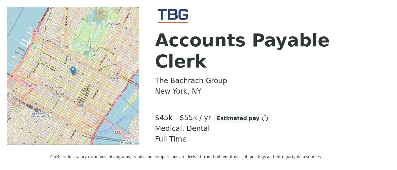 The Bachrach Group job posting for a Accounts Payable Clerk in New York, NY with a salary of $45,000 to $55,000 Yearly and benefits including dental, medical, and pto with a map of New York location.