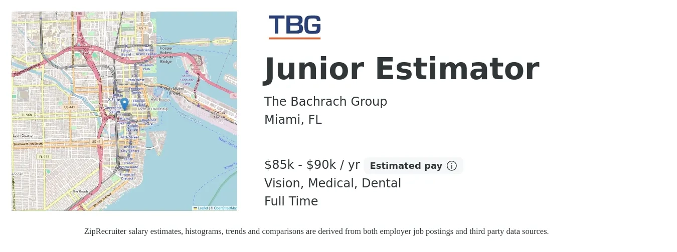 The Bachrach Group job posting for a Junior Estimator in Miami, FL with a salary of $85,000 to $90,000 Yearly and benefits including dental, life_insurance, medical, pto, retirement, and vision with a map of Miami location.