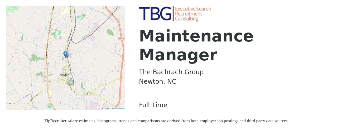The Bachrach Group job posting for a Maintenance Manager in Newton, NC with a salary of $22 to $37 Hourly with a map of Newton location.