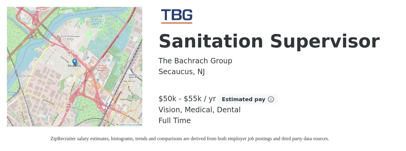 The Bachrach Group job posting for a Sanitation Supervisor in Secaucus, NJ with a salary of $50,000 to $55,000 Yearly and benefits including retirement, vision, dental, life_insurance, medical, and pto with a map of Secaucus location.