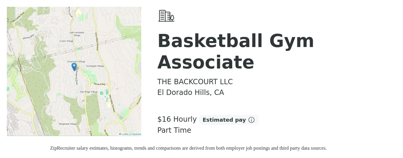 THE BACKCOURT LLC job posting for a Basketball Gym Associate in El Dorado Hills, CA with a salary of $17 Hourly with a map of El Dorado Hills location.