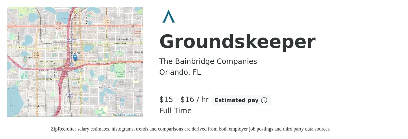 The Bainbridge Companies job posting for a Groundskeeper in Orlando, FL with a salary of $16 to $17 Hourly with a map of Orlando location.