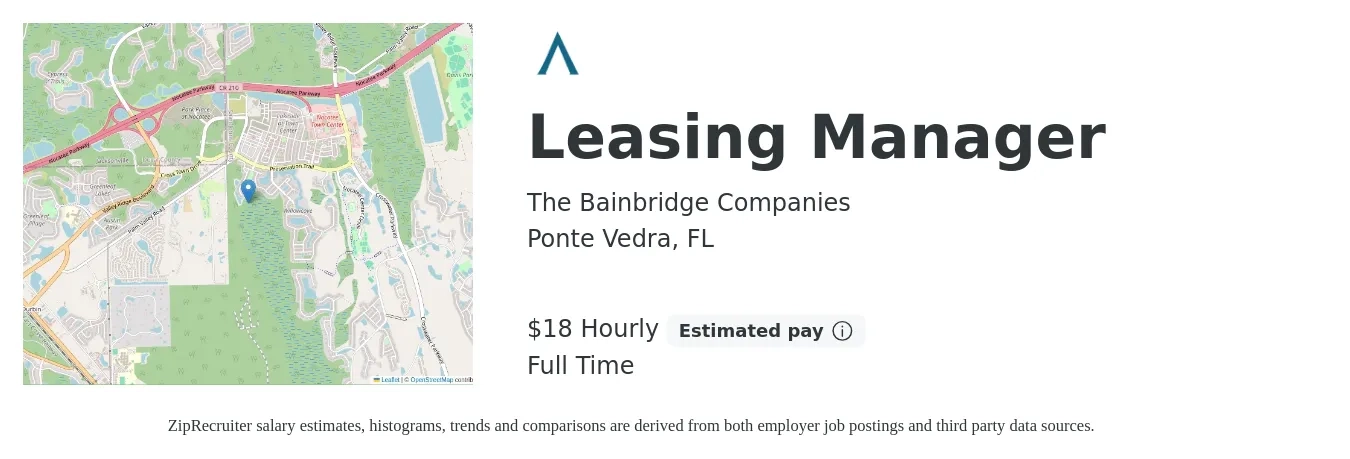 The Bainbridge Companies job posting for a Leasing Manager in Ponte Vedra, FL with a salary of $19 Hourly with a map of Ponte Vedra location.