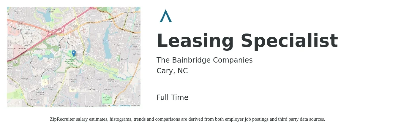 The Bainbridge Companies job posting for a Leasing Specialist in Cary, NC with a salary of $16 to $20 Hourly with a map of Cary location.