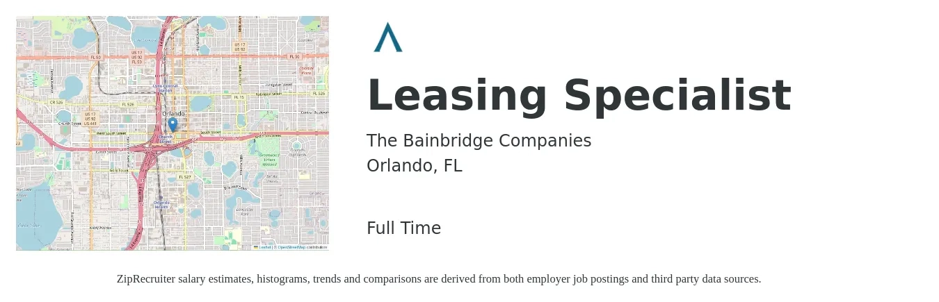 The Bainbridge Companies job posting for a Leasing Specialist in Orlando, FL with a salary of $17 to $19 Hourly with a map of Orlando location.