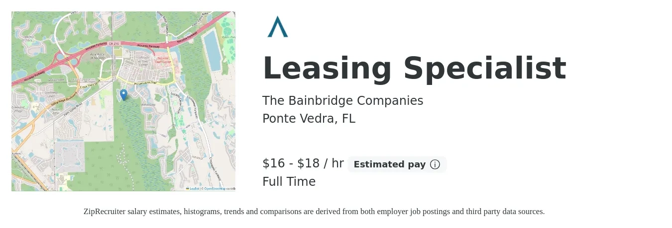 The Bainbridge Companies job posting for a Leasing Specialist in Ponte Vedra, FL with a salary of $17 to $19 Hourly with a map of Ponte Vedra location.