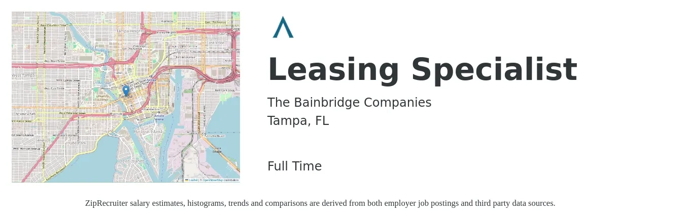 The Bainbridge Companies job posting for a Leasing Specialist in Tampa, FL with a salary of $16 to $21 Hourly with a map of Tampa location.