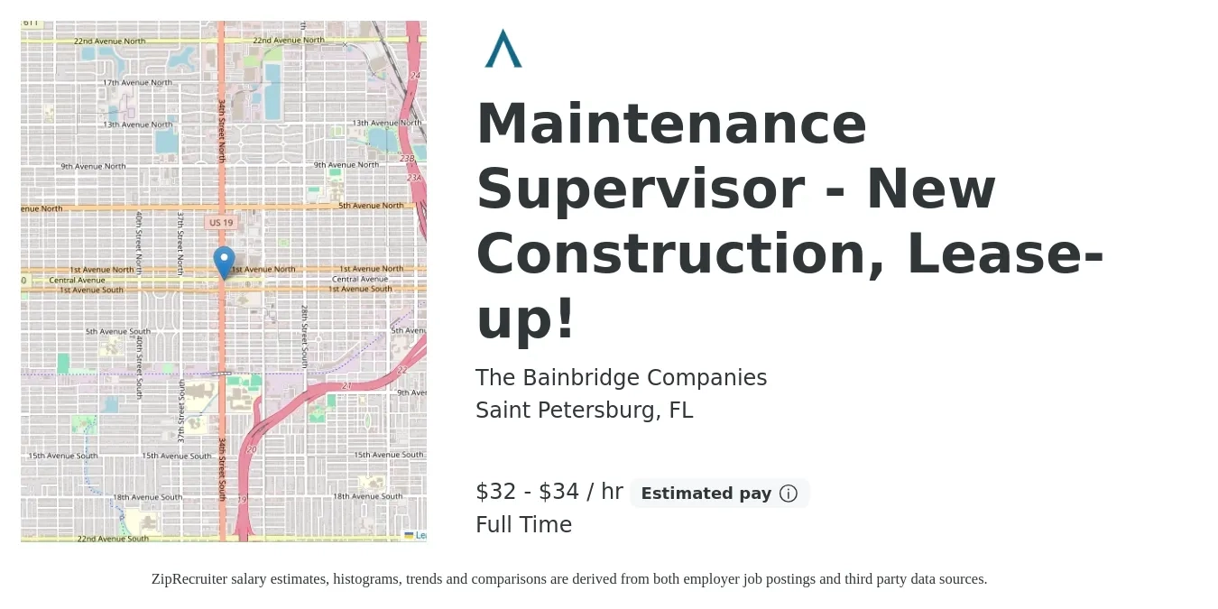 The Bainbridge Companies job posting for a Maintenance Supervisor - New Construction, Lease-up! in Saint Petersburg, FL with a salary of $34 to $36 Hourly with a map of Saint Petersburg location.
