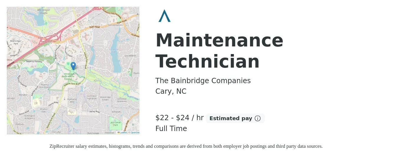 The Bainbridge Companies job posting for a Maintenance Technician in Cary, NC with a salary of $23 to $25 Hourly with a map of Cary location.